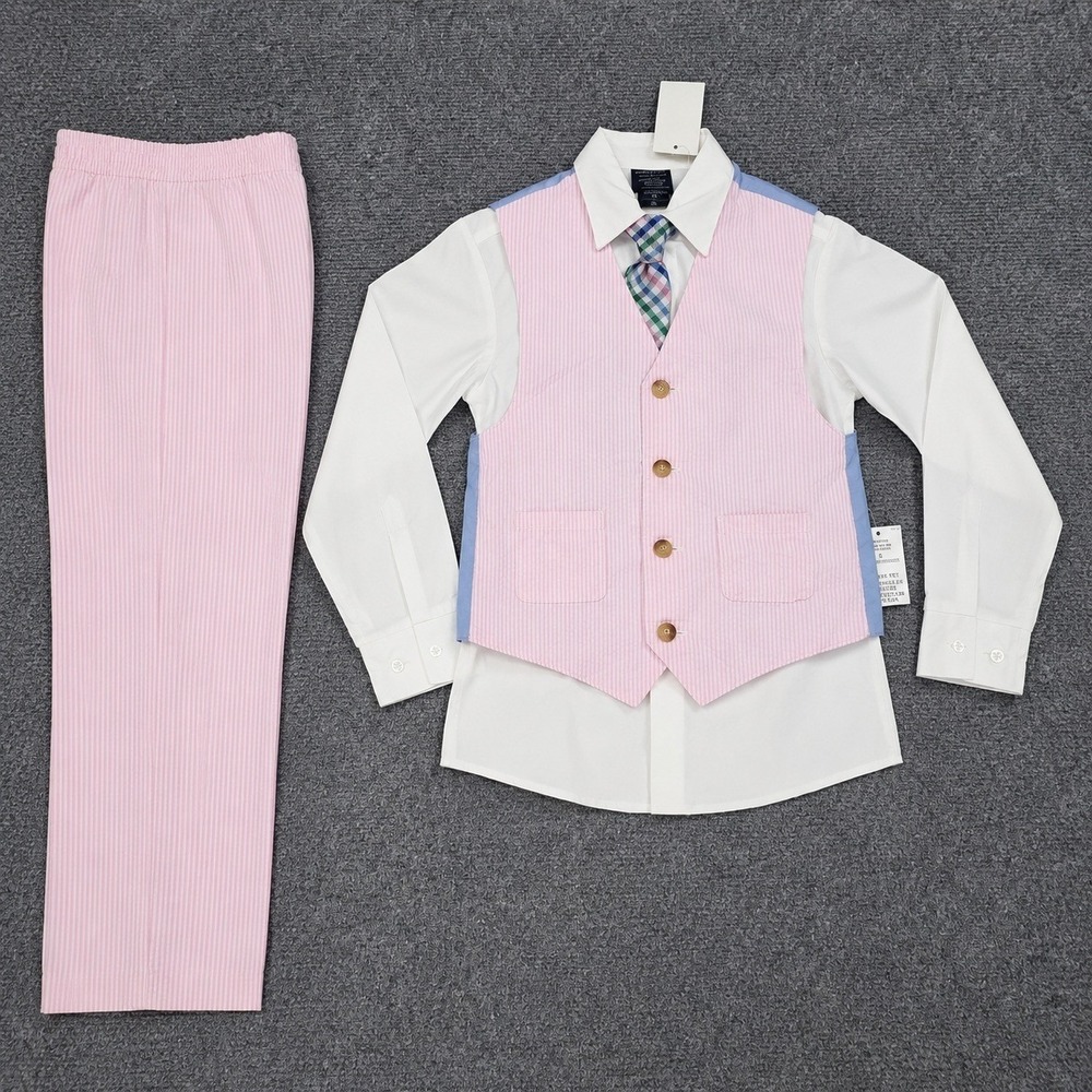 Nautica 4 Piece Set Boys Sz 7 Prism Pink Seersucker Vest Pants Shirt Tie Formal